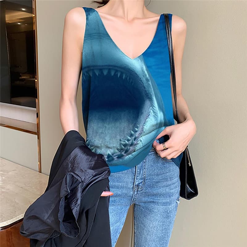 Shark Tank Top Women Animal Tank Tops Casual Blue Vest Printed Gothic Vest Print Angry Anime Clothes