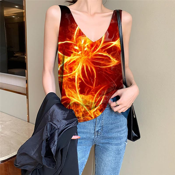 Flame Tank-Top women Flower Sleeveless 3d Art Vest Printed Womens Clothing