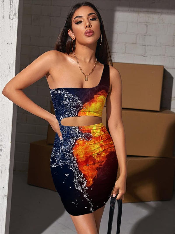 Love Dress Women Flame Bodycon Dress Couples 3d Print Harajuku Pleating