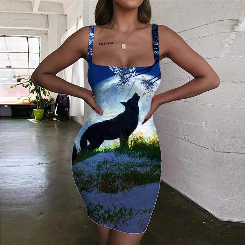 Wolf Dresses Women Animal Bodycon Dress Anime 3d Print Moon Vestido Sexy Flower Ladies Dresses - KYKU