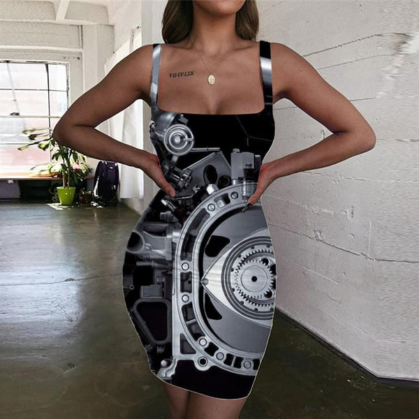 Metal Dress Women Engine Bodycon Dress Gear Ladies Dresses Technology 3d Print