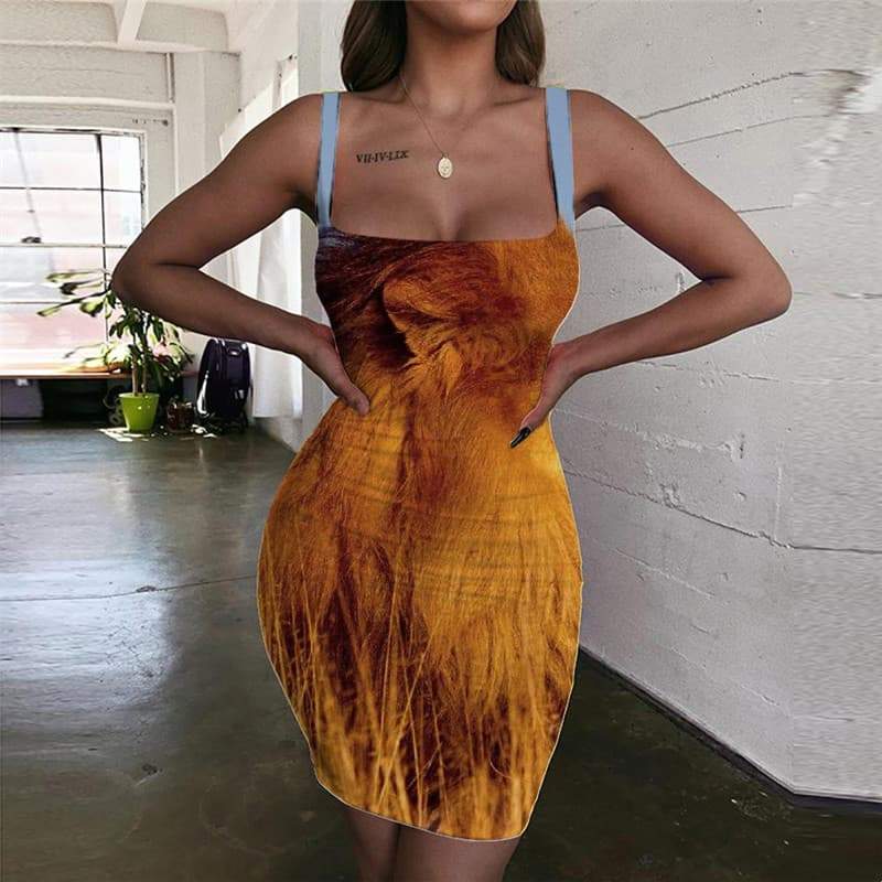 Lion Dress Women Animal Halter Sleeveless Anime Vestido Sexy Harajuku 3d Print Street Bodycon Dress - KYKU