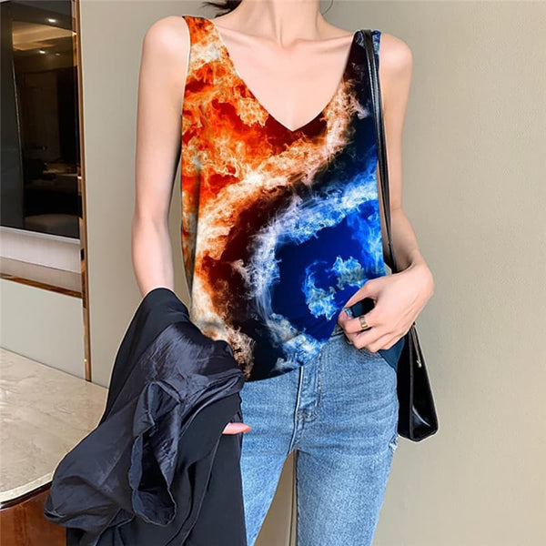 Flame Tank-Top women Yinyang Anime Clothes Funny Vest Print Womens Clothing