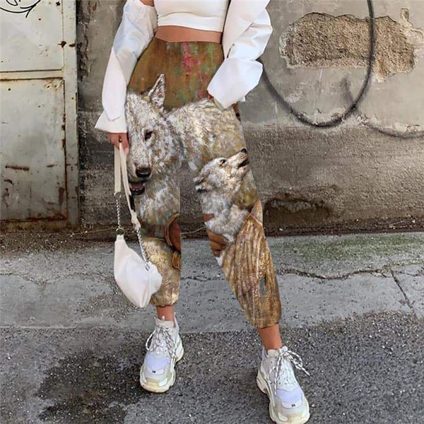 Indios Trousers Women Wolf 3d Printed Animal Jogger Pants Lovely High Waist Pants - KYKU