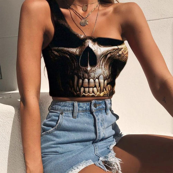 Skull Vest Tops Women Punk Tees Graphic Skull Sleeveless Shirt Tattoo One Shoulder Crop - KYKU