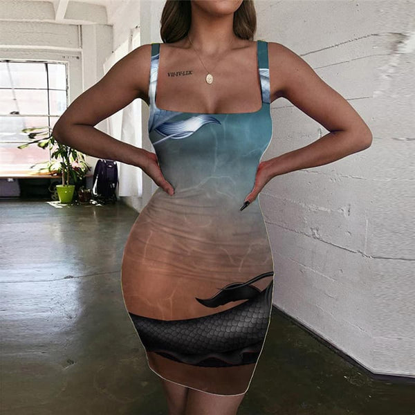 Fish Dress Women Black And White 3d Print Ocean Vestido Sexy Hip Hop Halter Sleeveless