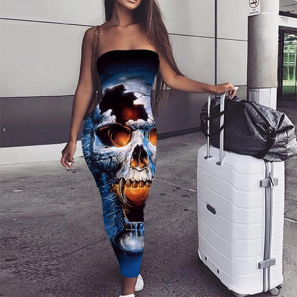 Skull Dress Women Punk sleeveless Blue Vestido Sexy Water Bodycon Dress - KYKU