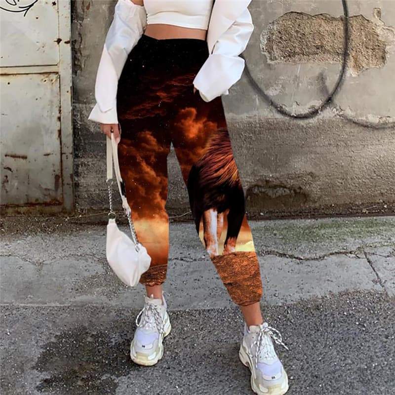 Lion Pants Women Animal Jogger Pants Anime High Waist Pants Galaxy Casual Pant Moon 3d Printed - KYKU