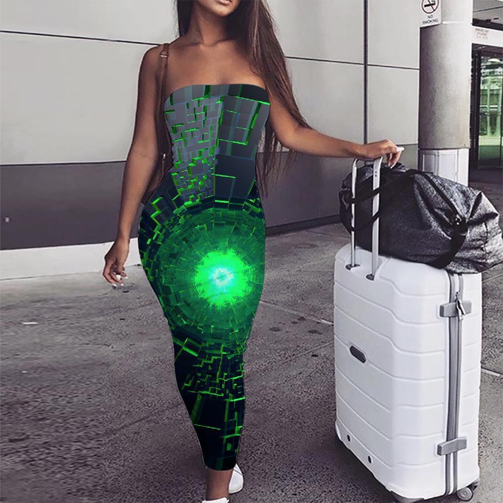 Geometric Dress Women Psychedelic Ladies Dresses Vortex 3d Print Green sleeveless - KYKU