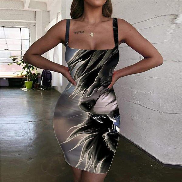 Lion Dress Women Animal Bodycon Dress Anime Halter Sleeveless Street Vestido Sexy Harajuku Sundress - KYKU