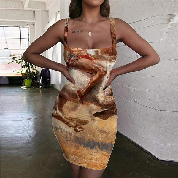 Indios Dress Women Horse Bodycon Dress Animal 3d Print War Halter Sleeveless Graffiti Sundress - KYKU