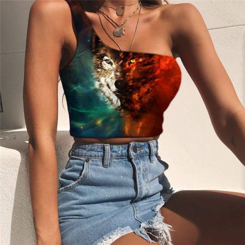 Wolf Vest Tops Women Animal One Shoulder Crop Anime Sleeveless Shirt Nebula Tees Graphic Space Midriff T shirt - KYKU