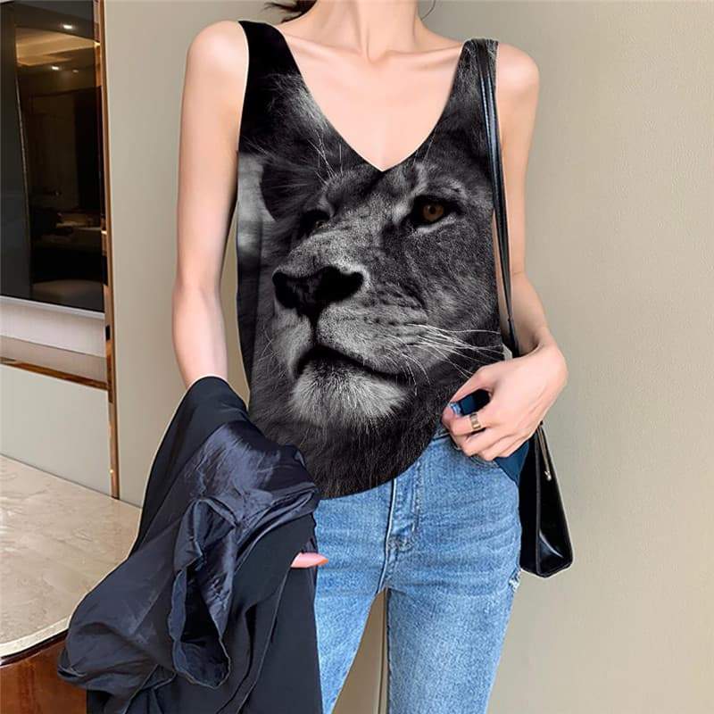 Lion Tank-Top women Animal Vest Print Anime Vest Printed Black Anime Clothes Cartoon Tank Tops Casual - KYKU