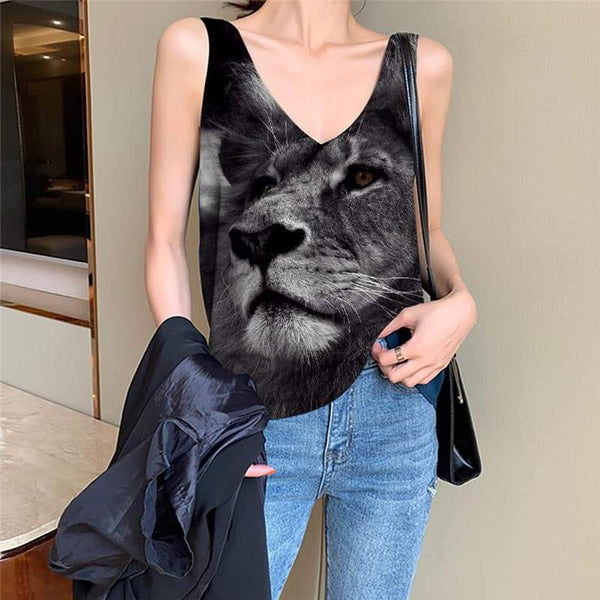 Lion Tank-Top women Animal Vest Print Anime Vest Printed Black Anime Clothes Cartoon Tank Tops Casual - KYKU