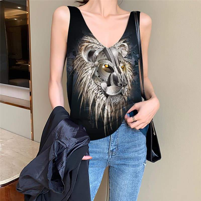 Lion Tank Top Women Animal Funny Top Anime Anime Clothes Metal Vest Print Black Tank Tops Casual - KYKU
