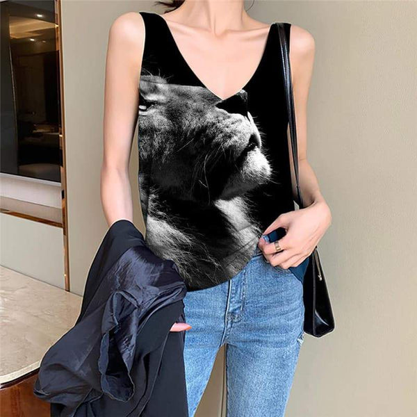 Lion Tank Top Women Animal Sleeveless 3d Anime Anime Clothes Black Funny Top Sad Vest Printed - KYKU