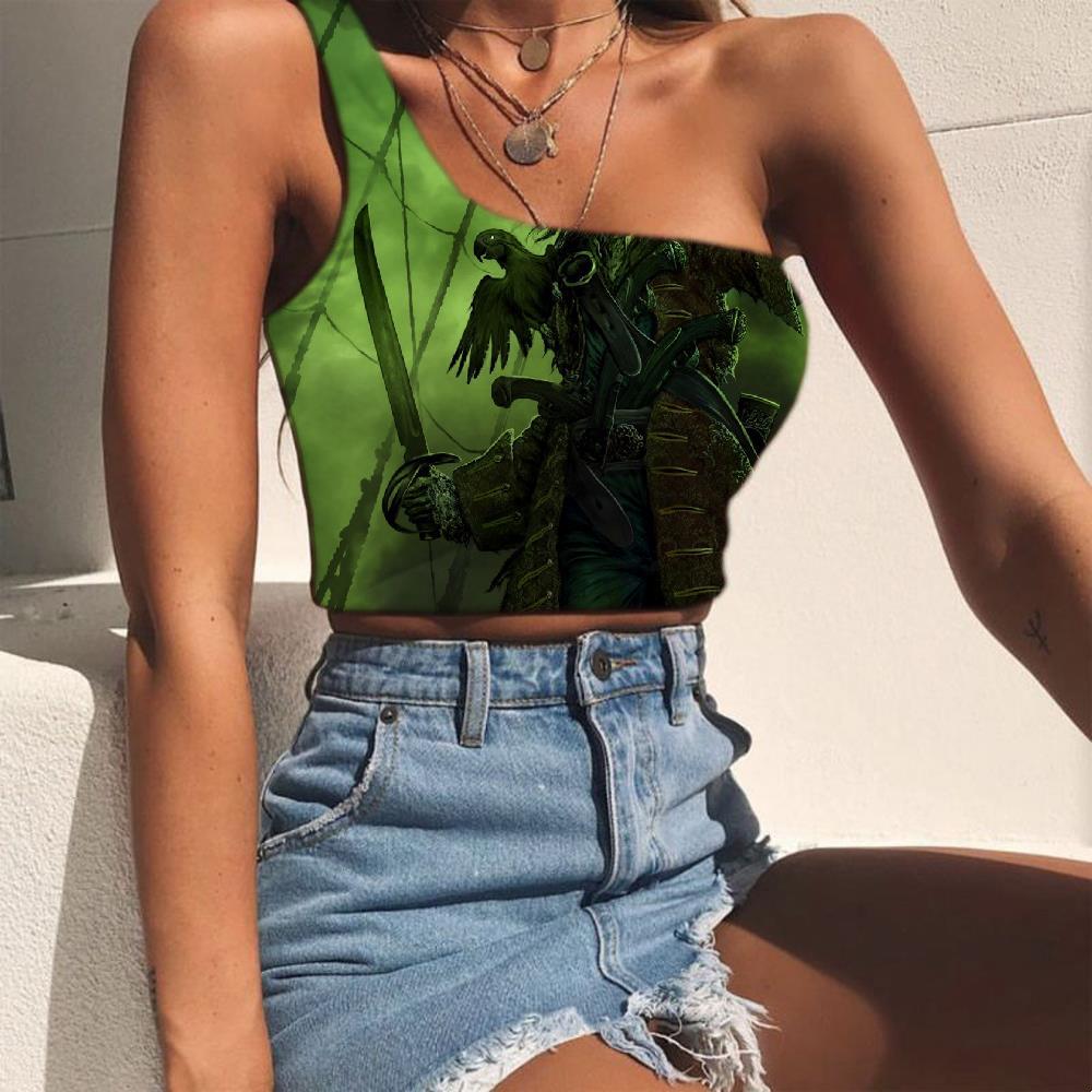 Skull Vest Tops Women Punk One Shoulder Crop Pirate Midriff T shirt Green Tees Graphic Captain Sleeveless Shirt - KYKU