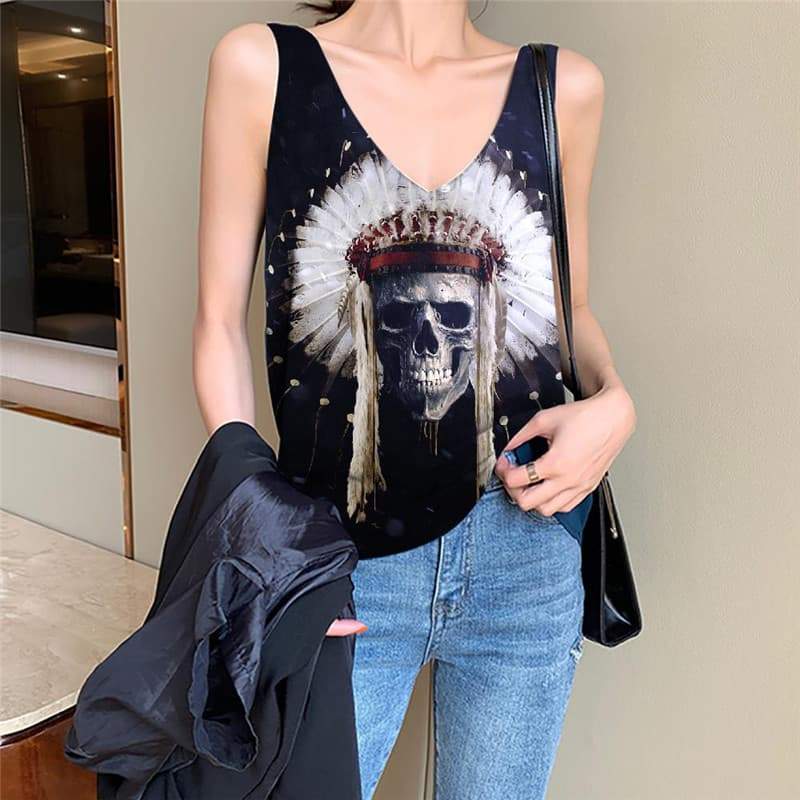 Skull Tank-Top women Punk Funny Top Indian Vest Print Feather Vest Printed - KYKU