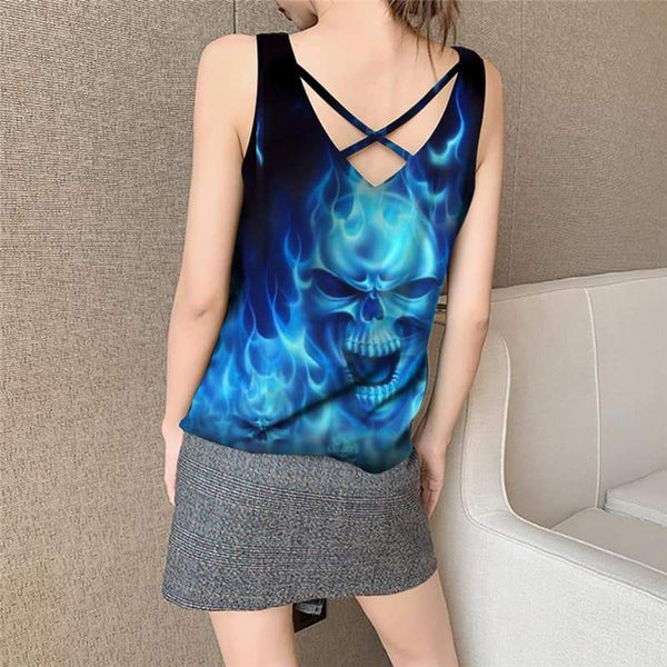 
Skull Tank Top Women Punk Vest Printed Blue Tank Tops Casual Flame Funny Top - KYKU
                