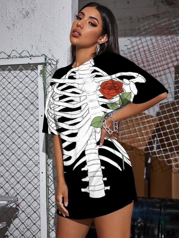 
Skeleton T-shirt Women Flower Punk Rock Art T-shirts 3d Hip Hop Shirt Print
                