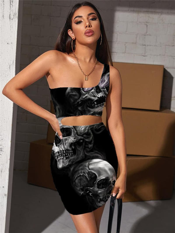 Skull Dress Women Smoke Cloud Vestido Sexy Hip Hop 3d Print Rock Bodycon Dress Punk Pleating