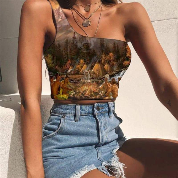 Indios Tank Tops Women Wolf One Shoulder Crop Flame Sleeveless Shirt Forest Midriff T shirt - KYKU