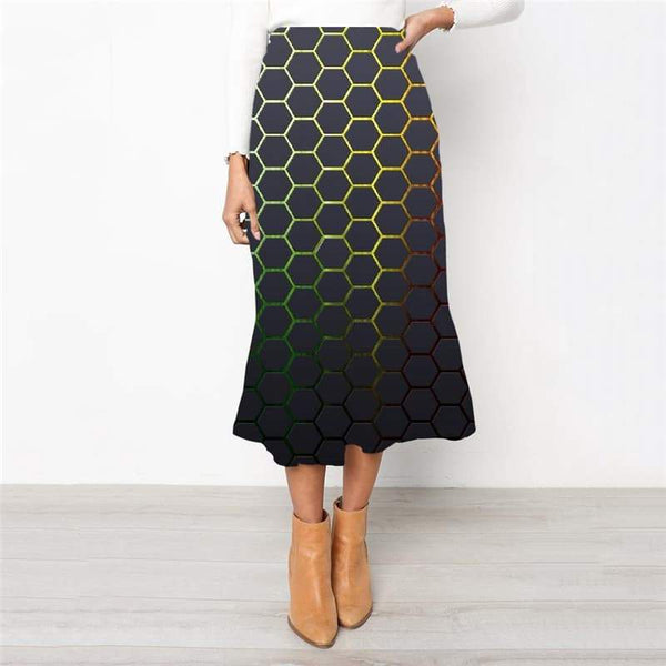 Geometric Skirts Women Psychedelic Rock Frauen Vortex High waist skirts Honeycomb Skirt Ladies Square School skirt - KYKU