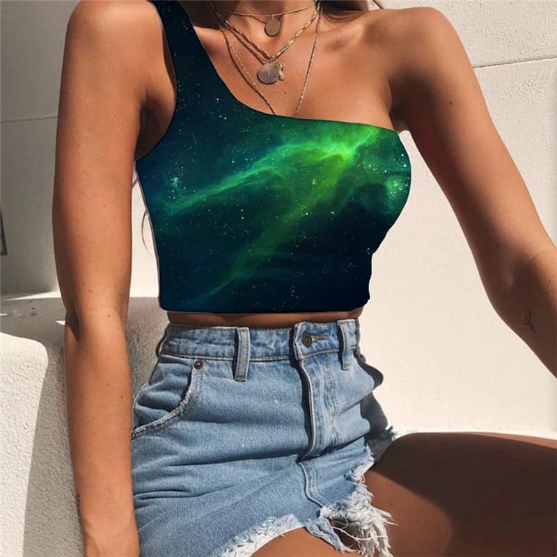 Galaxy Vest Tops Women Space Sleeveless Shirt Universe Tees Graphic Nebula Midriff T shirt Green One Shoulder Crop