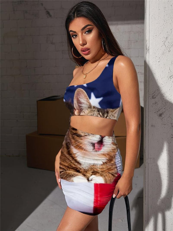 
Cat Dress Women Animal Halter Sleeveless National Flag Pleating United States Vestido Sexy
                