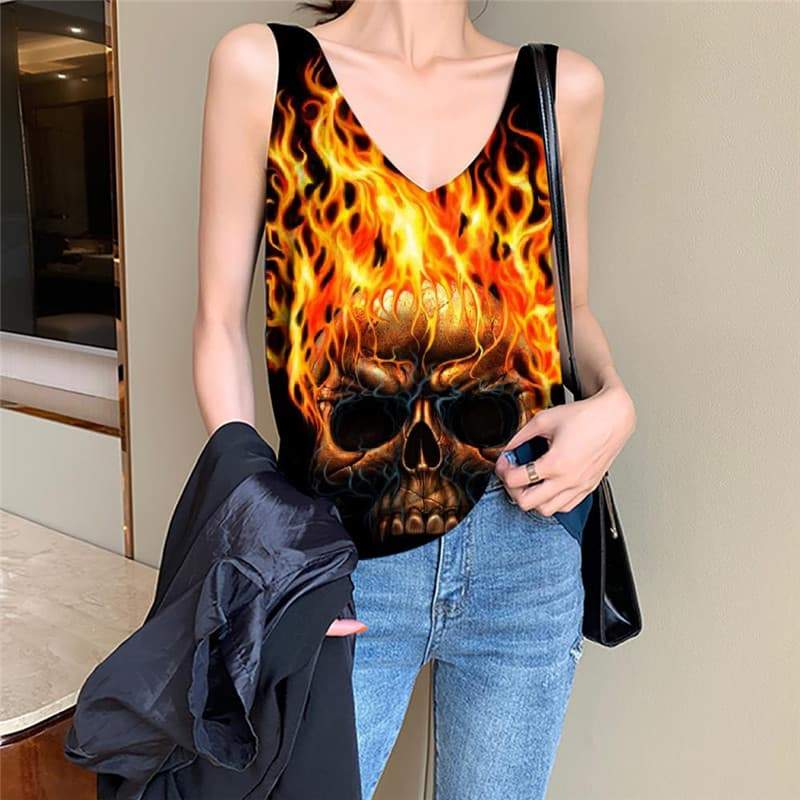 Skull Tank Top Women Punk Tank Tops Casual Flame Vest Printed Black Sleeveless 3d - KYKU