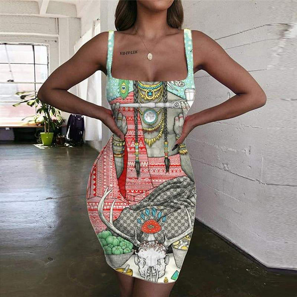 Indios Dresses Women Skull Sundress Food Halter Sleeveless Animal Bodycon Dress - KYKU