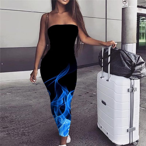 Flame Dress Women Blue Boho Party 3d Print Womens Clothing Elegant Ladies Wrap