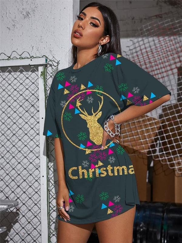 
Christmas T-shirt Women Deer Shirt Print Animal Funny T shirts Snowflake Summer
                