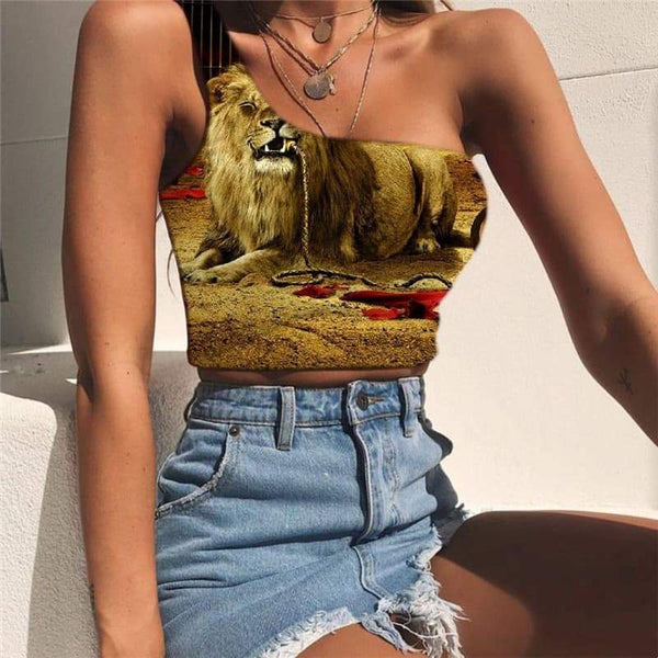 Lion Tank Tops Women Animal Midriff T shirt Anime Tees Graphic Hip Hop One Shoulder Crop Rock Sleeveless Shirt - KYKU