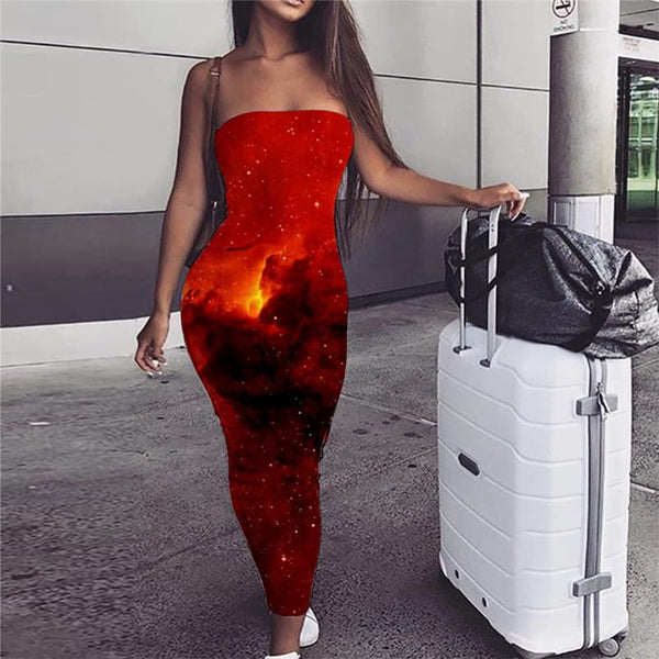 Galaxy Dress Women Space Bodycon Dress Universe 3d Print Red Sundress Flame sleeveless