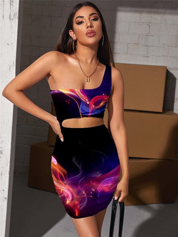 Love Dress Women Colorful Hollow out Dresses Flame Halter Sleeveless Couples Bodycon Dress