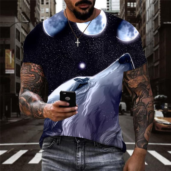 Wolf T-shirt Men Animal Funny T shirts Moon Anime Clothes Galaxy Tshirts Casual