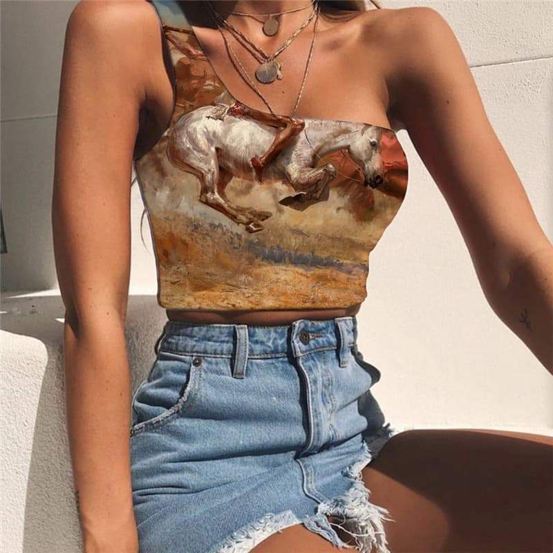 Indios Tank Tops Women Horse Tees Graphic Animal One Shoulder Crop War Midriff T shirt Graffiti Sleeveless Shirt - KYKU