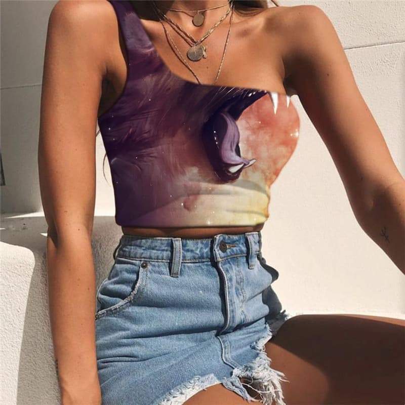 Lion Vest Tops Women Animal Sleeveless Shirt Anime Tees Graphic Nebula One Shoulder Crop Colorful Midriff T shirt - KYKU