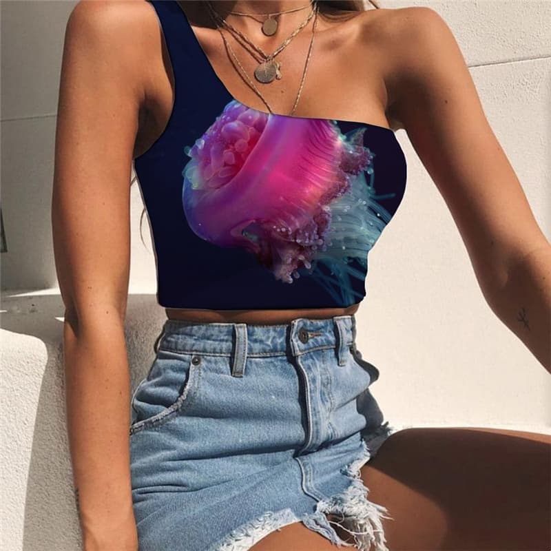 Jellyfish Vest Tops Women Fish One Shoulder Crop Purple Tees Graphic  Midriff T shirt Animal Sleeveless Shirt