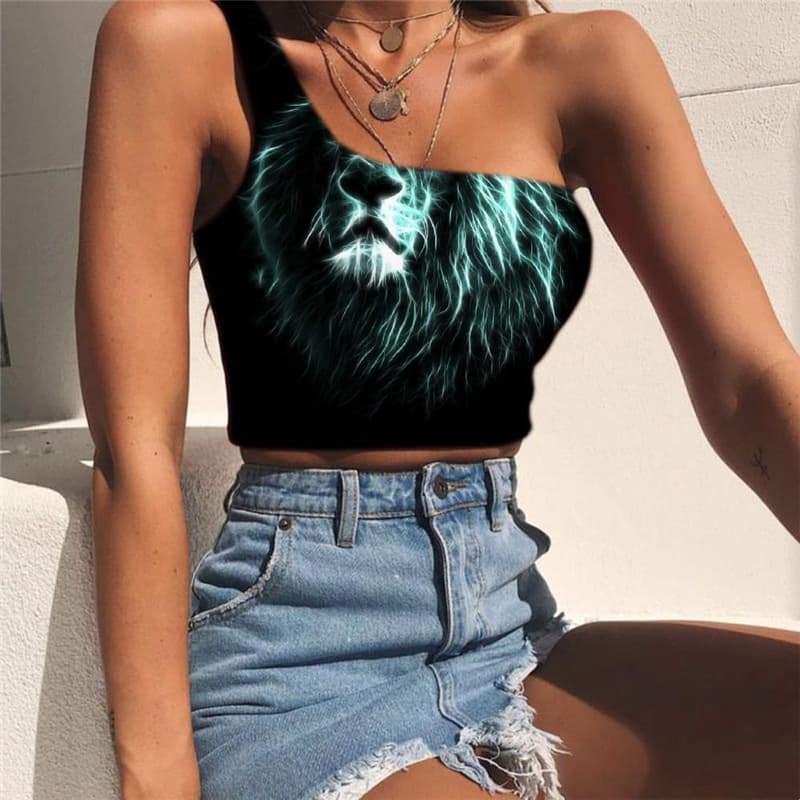 Lion Vest Tops Women Animal One Shoulder Crop Anime Tees Graphic Black Midriff T shirt Harajuku Sleeveless Shirt - KYKU
