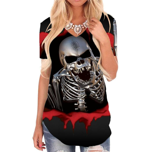 Skull T Shirt Women Punk Funny T shirts Blood T-shirts 3d Gesture V-neck Tshirt Metal Shirt Print