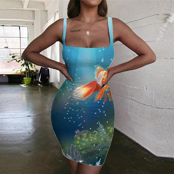 Fish Dresses Women Ocean Sundress Animal Halter Sleeveless Colorful Ladies Dresses