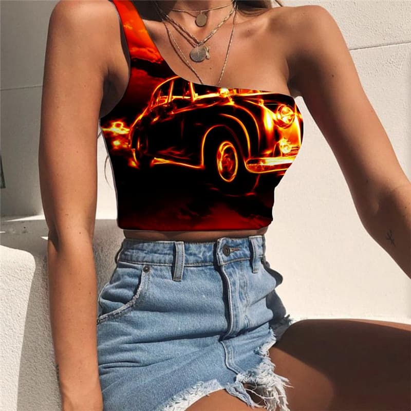 Flame Vest Tops Women Car Sleeveless Shirt Hip Hop Tees Graphic Womens Clothing