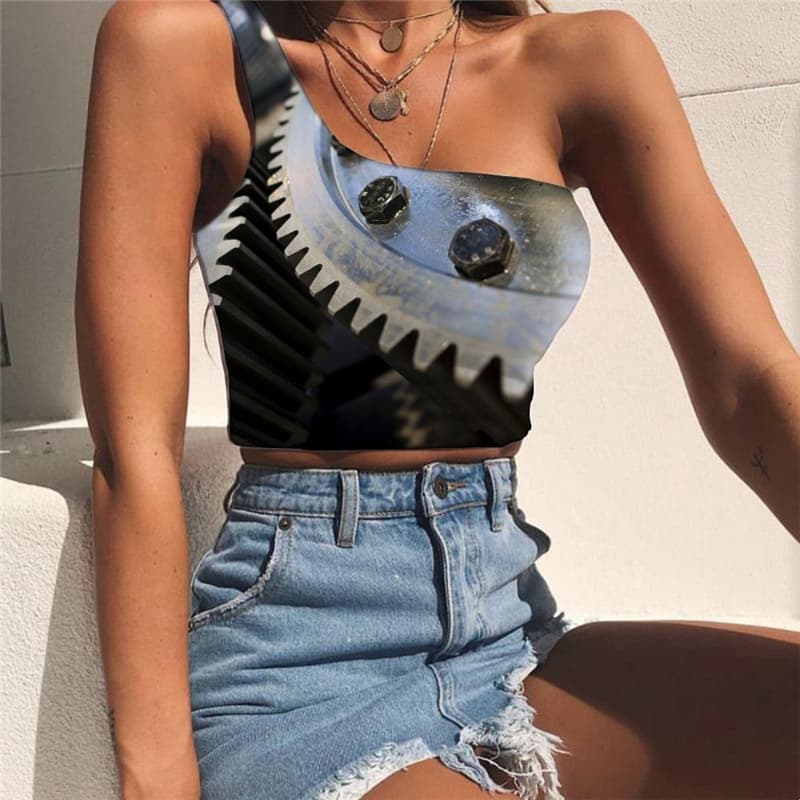 Metal Vest Tops Women Engine Tees Graphic Gear Midriff T shirt Harajuku One Shoulder Crop