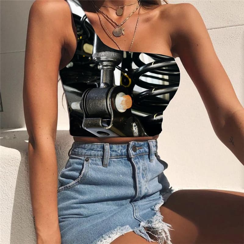 Metal Tank Tops Women Engine Midriff T shirt Gear One Shoulder Crop Hip Hop Sleeveless Shirt