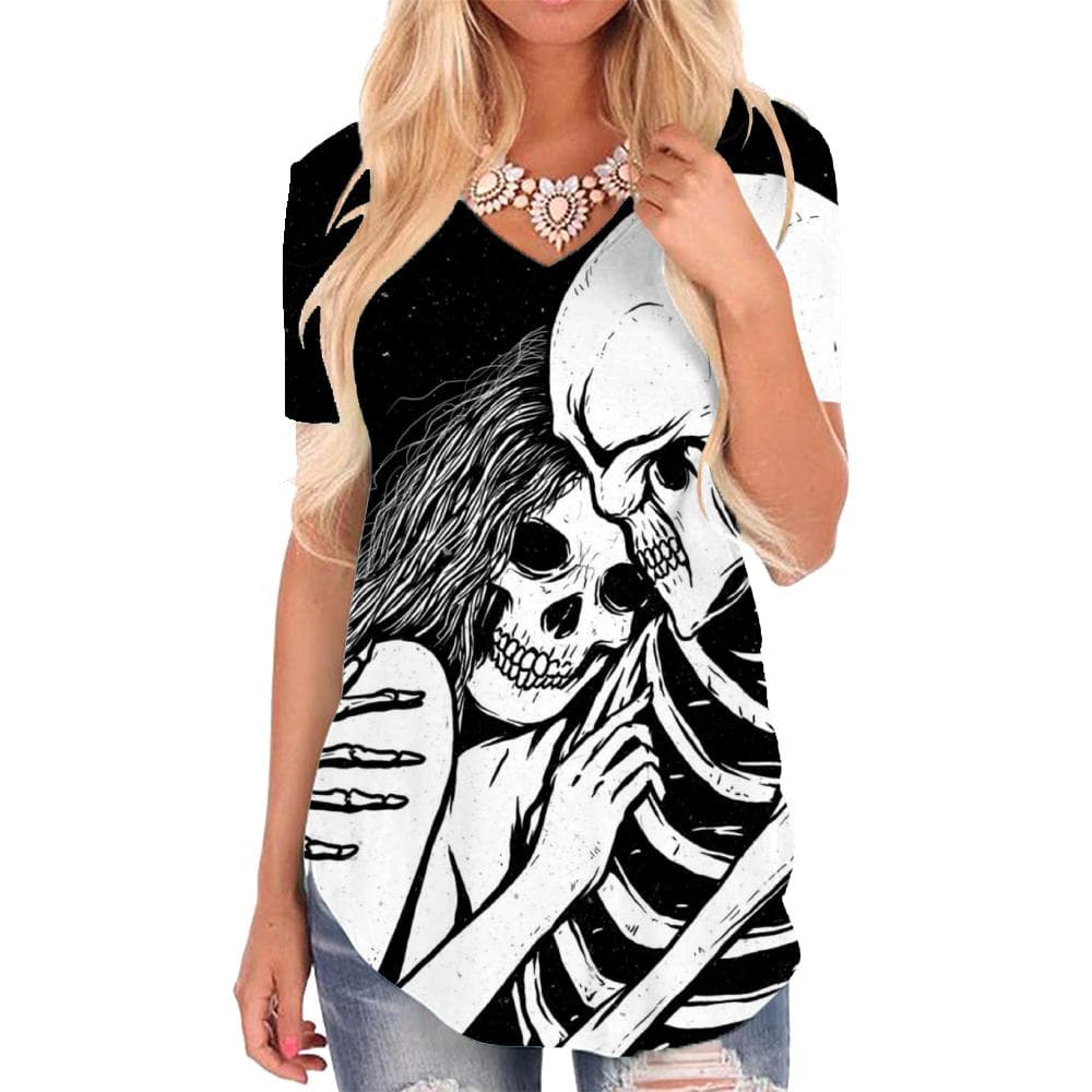 Skull T-shirt women Skeleton Shirt Print Love V-neck Tshirt Rock T-shirts 3d
