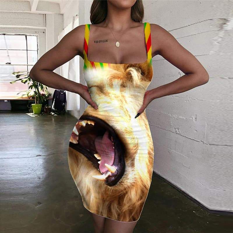 Lion Dresses Women Animal Vestido Sexy Anime 3d Print Abstract Halter Sleeveless Hilarious Bodycon Dress - KYKU