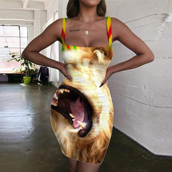 Lion Dresses Women Animal Vestido Sexy Anime 3d Print Abstract Halter Sleeveless Hilarious Bodycon Dress - KYKU