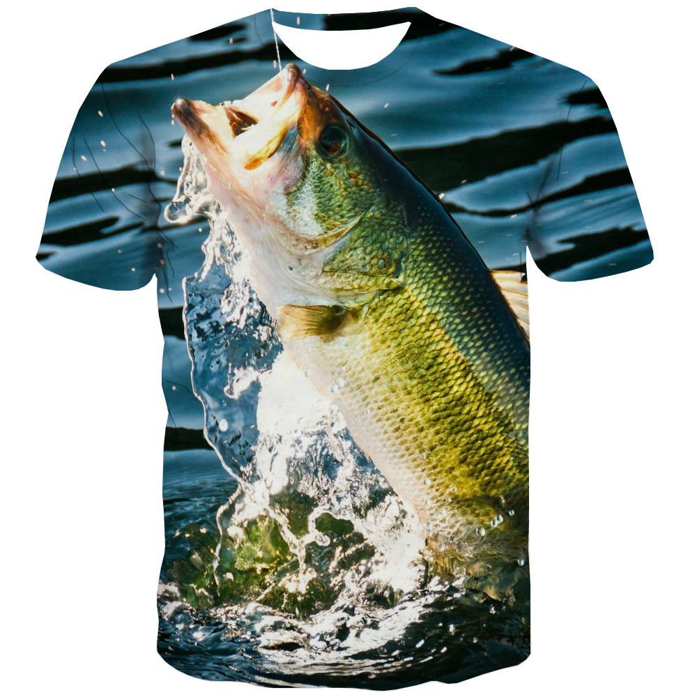 fishing T shirts Men fish Shirt Print Short Sleeve Hip hop Digital Slim O-Neck - KYKU